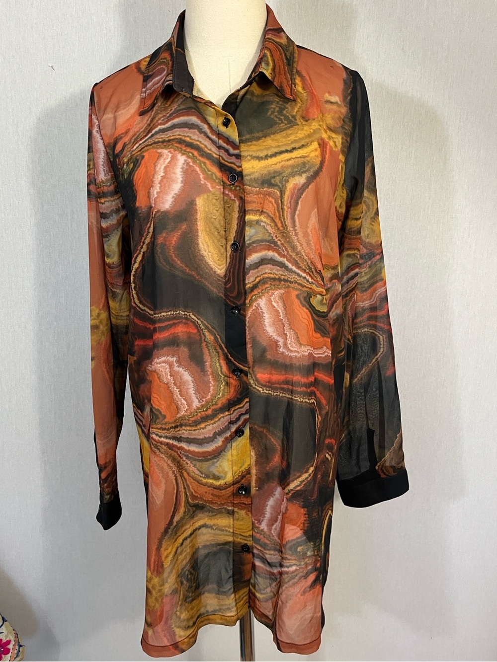 Icon Swim Marbled Swirl Sheer Button Down Swimsuit Cover Up Tunic Top Blouse